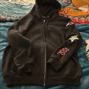 Sojara Black Zip Up Hoodie with Embroidered Sequin Patches